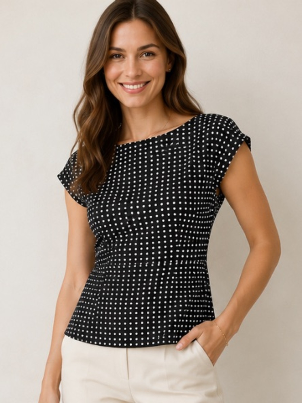 Guilliame - Black & White Polka Dot Cap Sleeve Blouse - Sz S